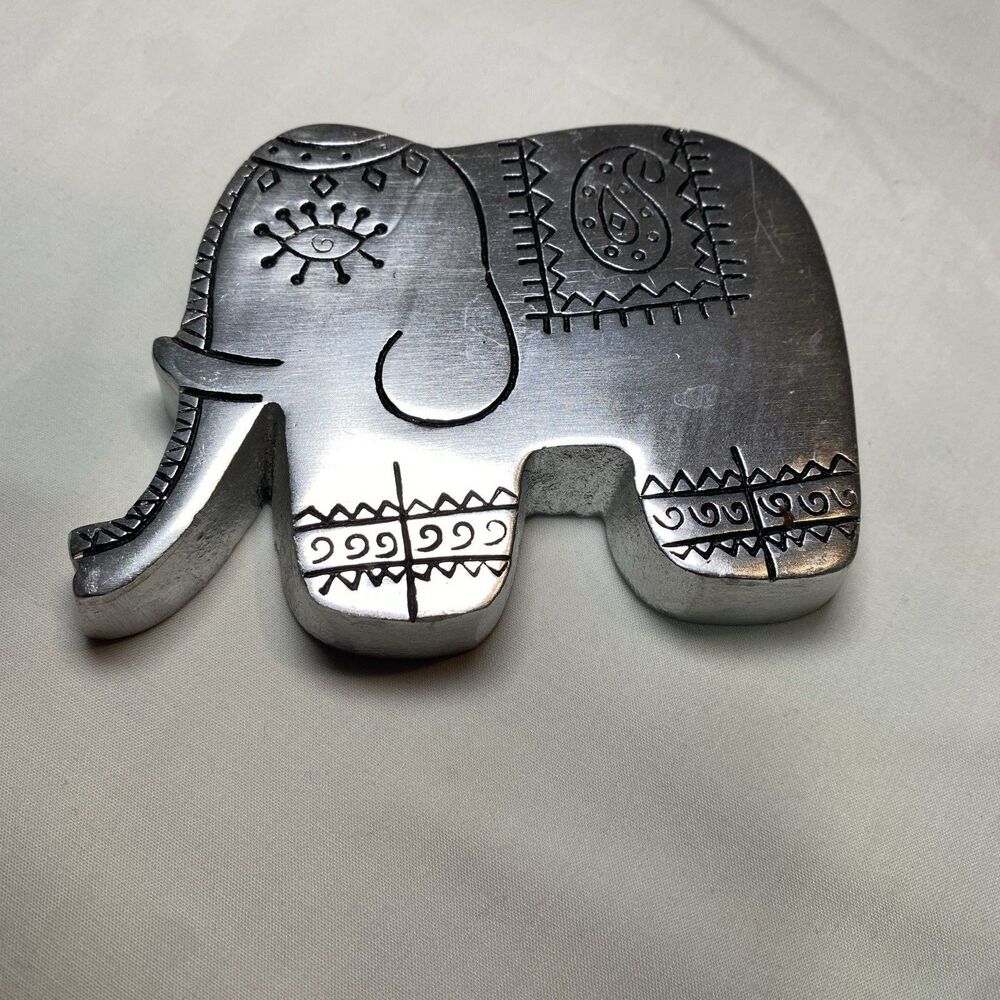 Pier 1 Imports Decorative Metal Elephant Paperweight — Silver-Tone Indian Motif